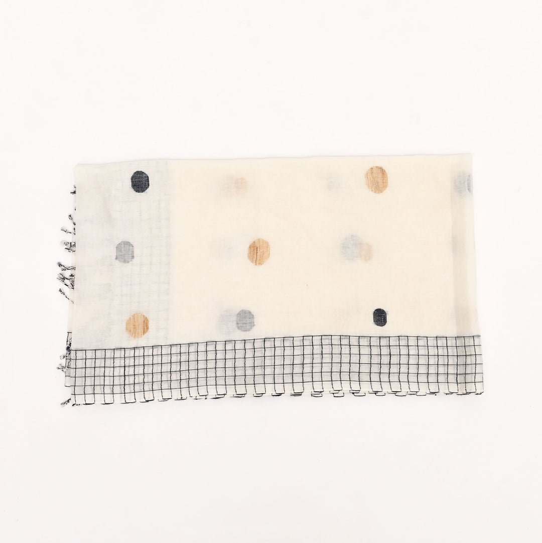 Cotton CK Ball Stole | White Blue Dotted Wrap 66"x20.5"