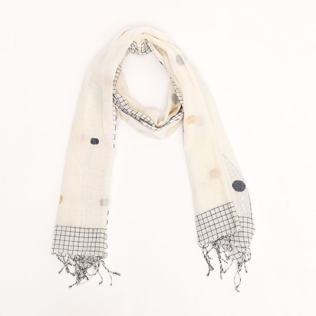 Cotton CK Ball Stole | White Blue Dotted Wrap 66"x20.5"