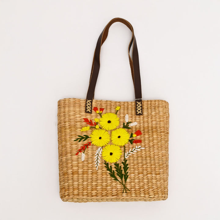 Handcrafted Kauna Reed Tote Bag | Floral Embroidery & Lined Comfort