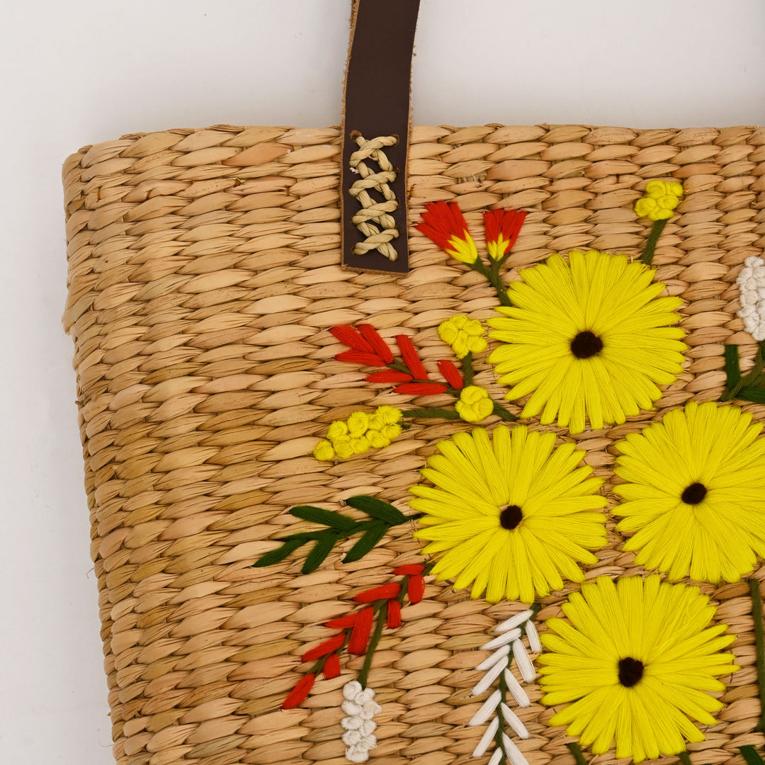 Handcrafted Kauna Reed Tote Bag | Floral Embroidery & Lined Comfort