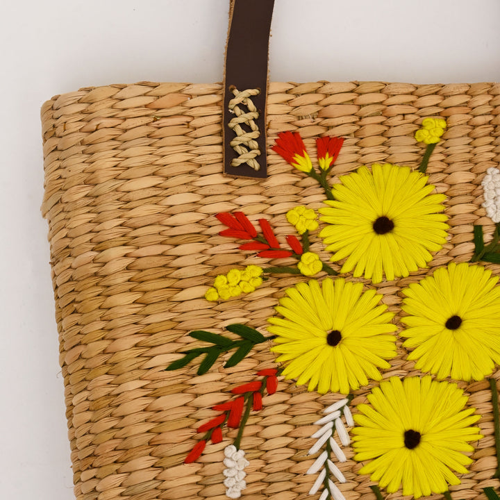 Handcrafted Kauna Reed Tote Bag | Floral Embroidery & Lined Comfort