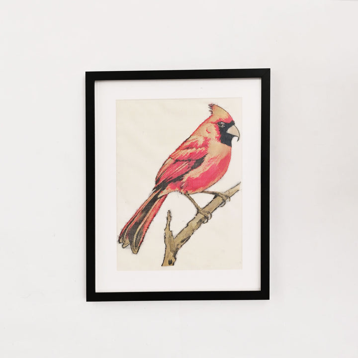 Red Cardinal Kanjivaram Silk Art | Handloom Decor
