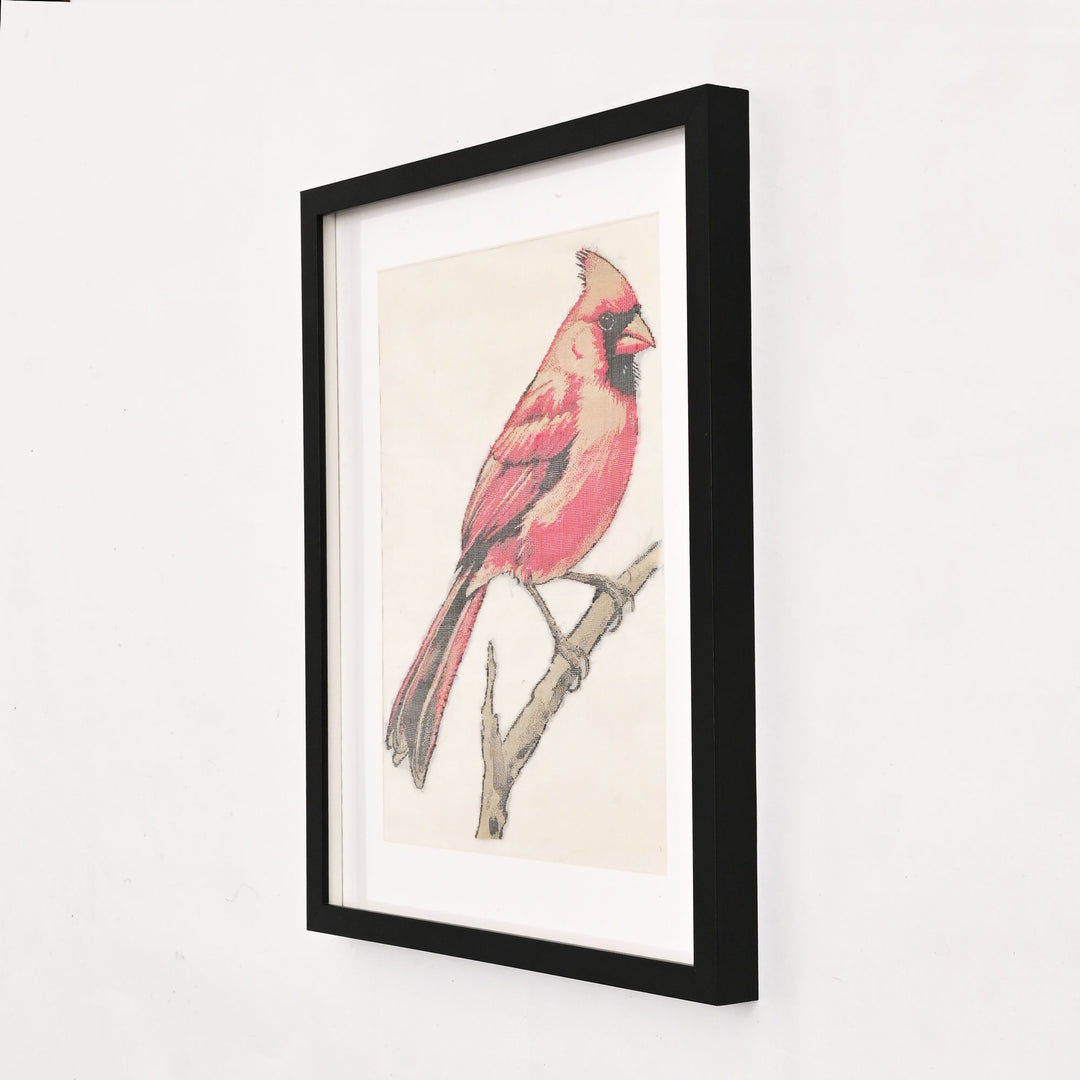 Red Cardinal Kanjivaram Silk Art | Handloom Decor