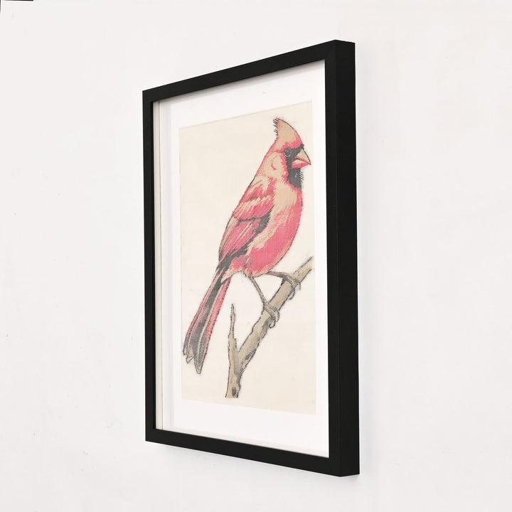 Red Cardinal Kanjivaram Silk Art | Handloom Decor