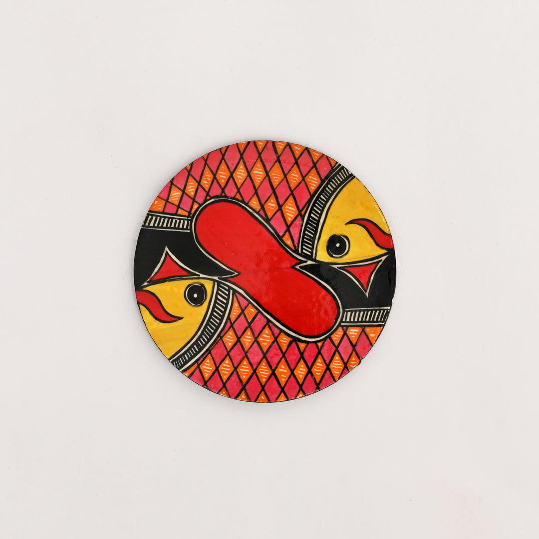 Madhubani Fish Coaster Set | 6 Handpainted MDF Coasters with Stand