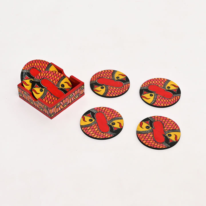 Madhubani Fish Coaster Set | 6 Handpainted MDF Coasters with Stand