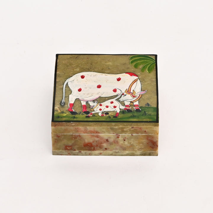 Soapstone Carved Cow & Calf Box