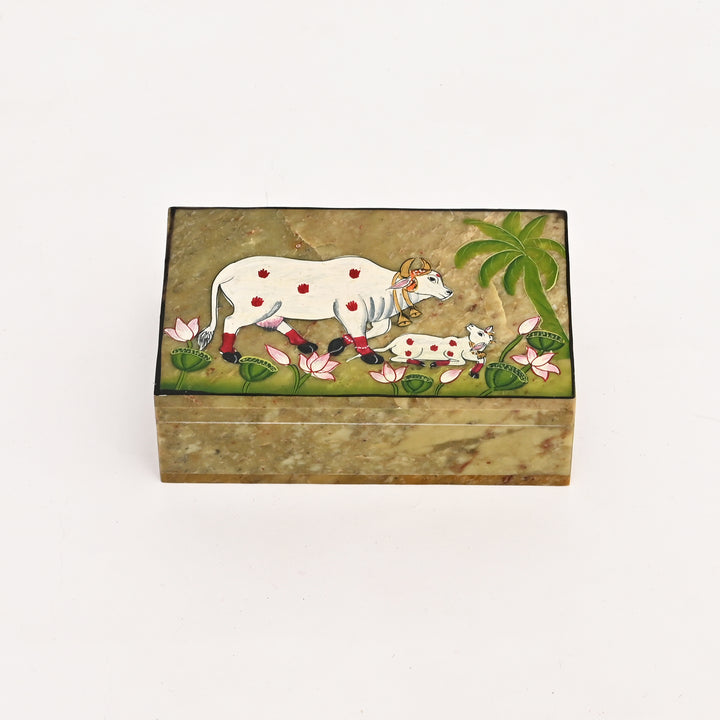 Soapstone Carved Cow & Calf Box
