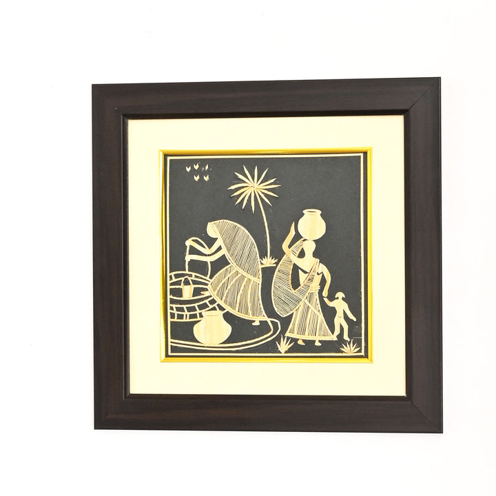 Handcrafted Framed Sikki Grass Painting of Village Life | Golden & Black