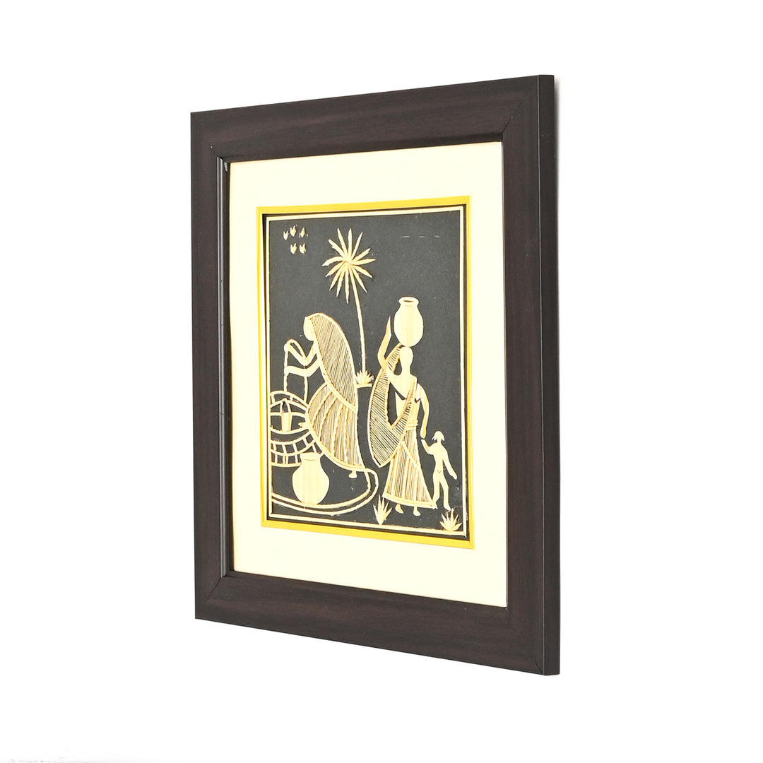 Handcrafted Framed Sikki Grass Painting of Village Life | Golden & Black