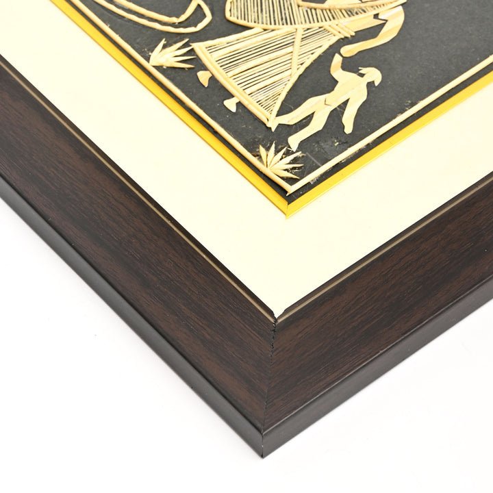 Handcrafted Framed Sikki Grass Painting of Village Life | Golden & Black