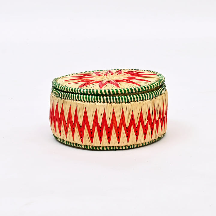 Handcrafted Sikki Grass Bread Box | Natural Red Green 8"