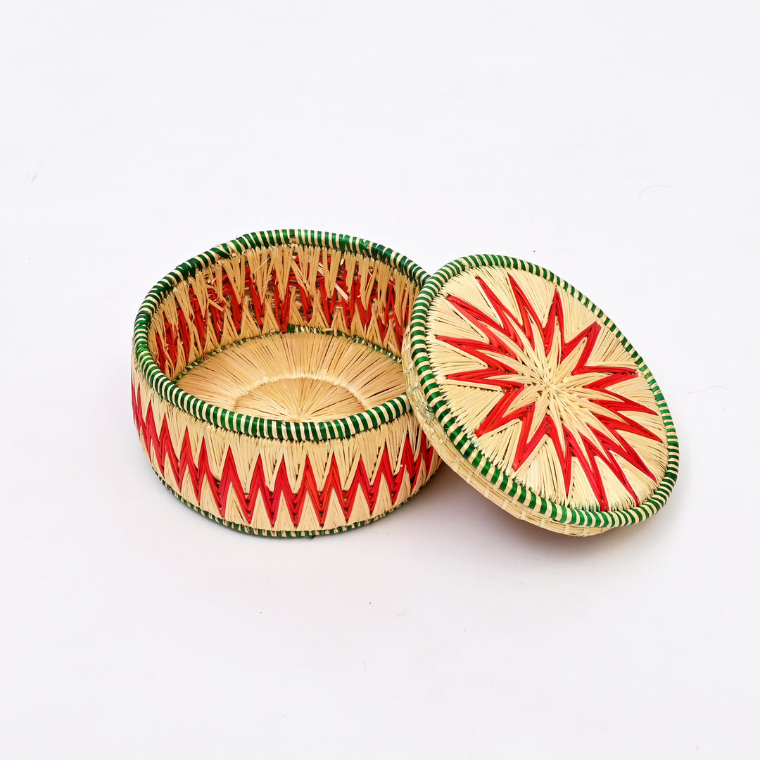 Handcrafted Sikki Grass Bread Box | Natural Red Green 8"