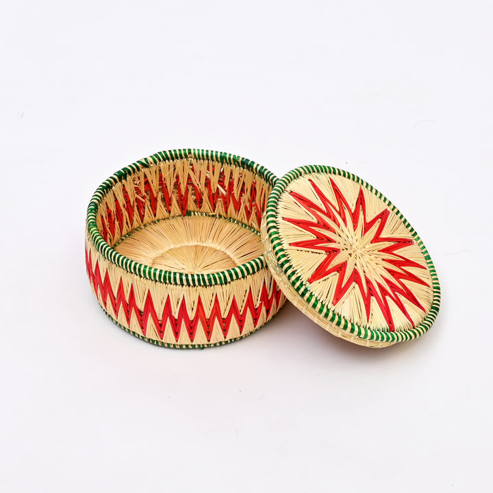 Handcrafted Sikki Grass Bread Box | Natural Red Green 8"