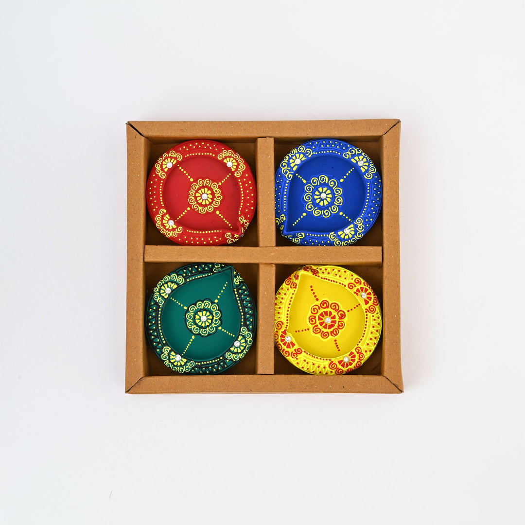Handcrafted Terracotta Diya Set | 4 Piece Flat Oil Lamps for Diwali & Pooja