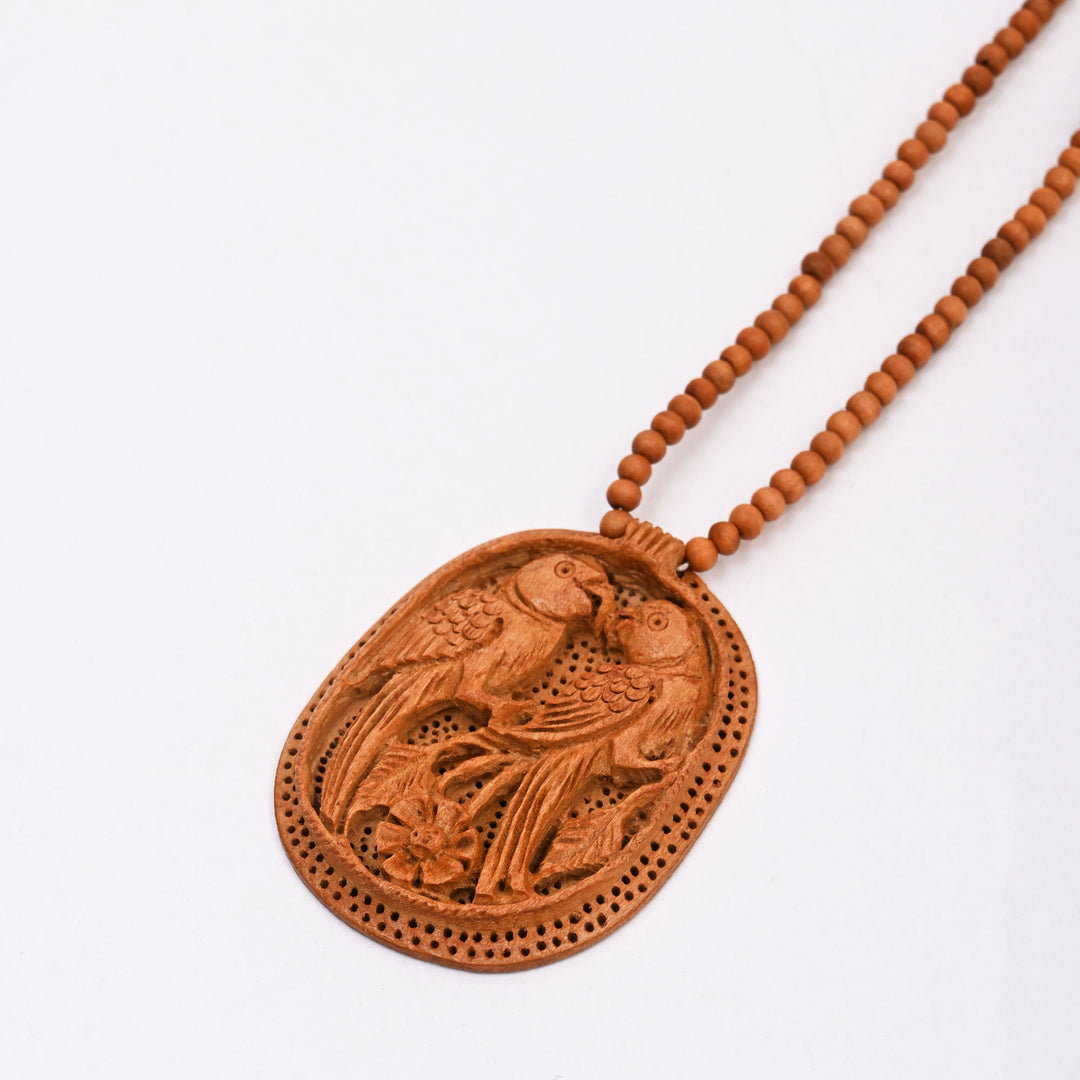 Kadam Wood Two Loving Parrots Pendant | Handcarved Romantic Bird Necklace