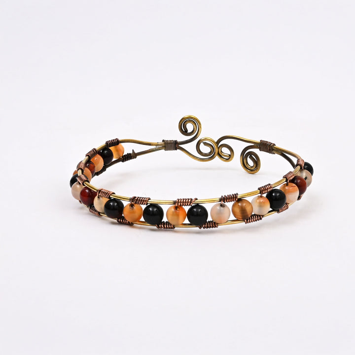 Artisan Bangle | Brass & Copper with Natural Stone Inlay | Handmade Boho Bracelet