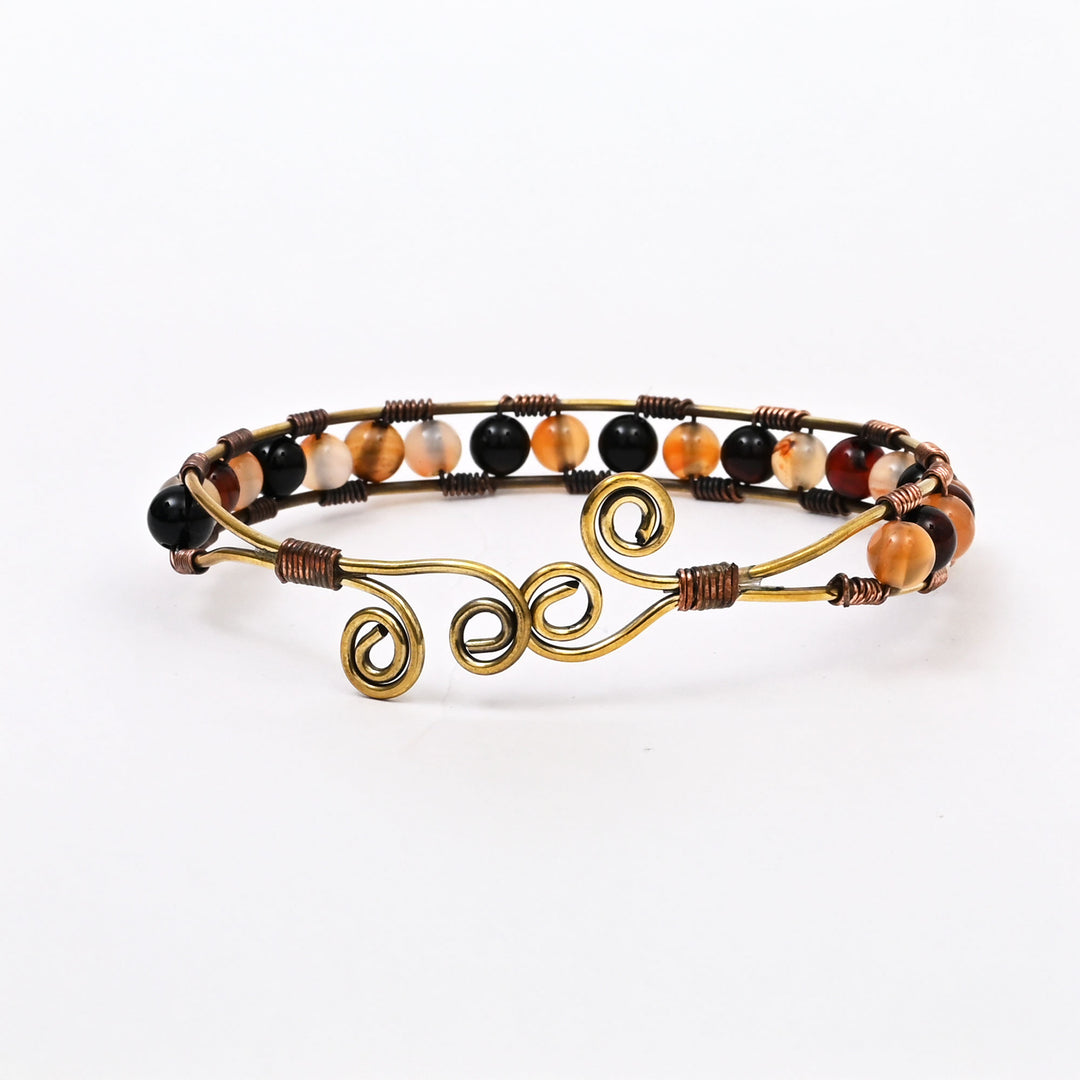 Artisan Bangle | Brass & Copper with Natural Stone Inlay | Handmade Boho Bracelet