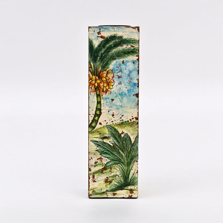 Tropical Palm Wooden Candle Stand Set | Distressed Finish Foliage Design