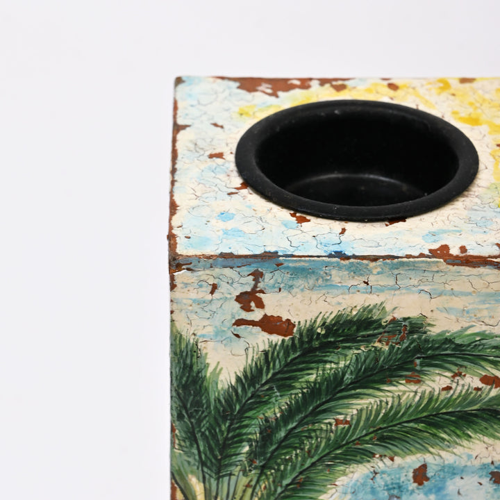 Tropical Palm Wooden Candle Stand Set | Distressed Finish Foliage Design