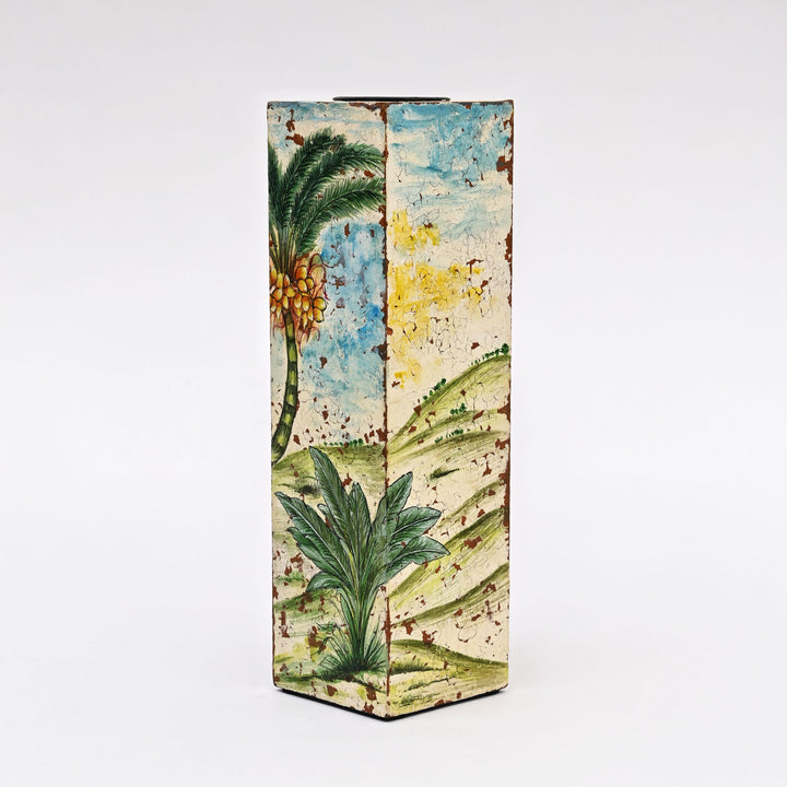 Tropical Palm Wooden Candle Stand Set | Distressed Finish Foliage Design