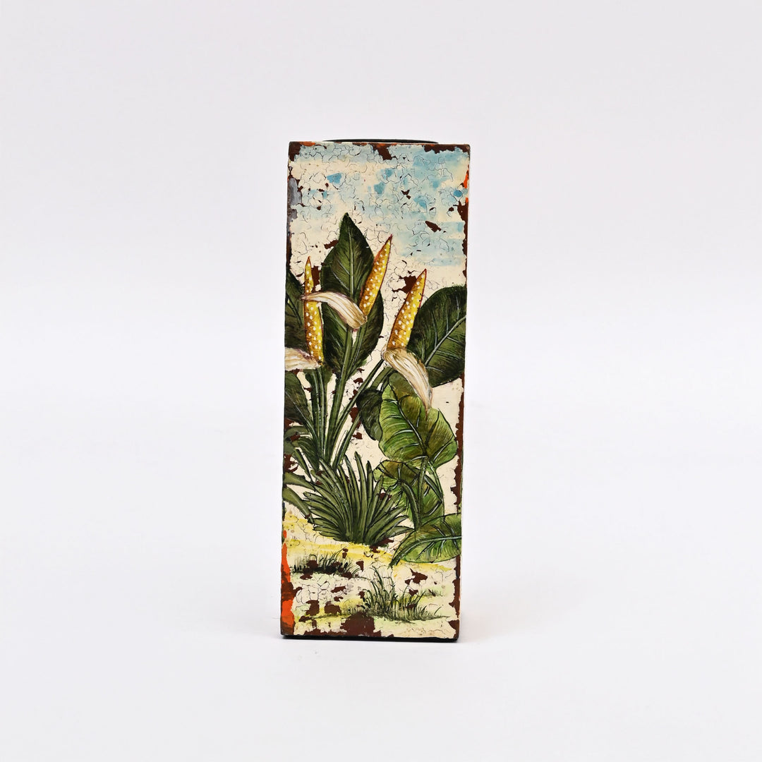 Tropical Palm Wooden Candle Stand Set | Distressed Finish Foliage Design