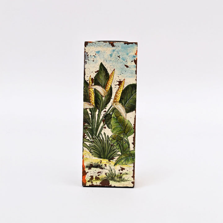 Tropical Palm Wooden Candle Stand Set | Distressed Finish Foliage Design