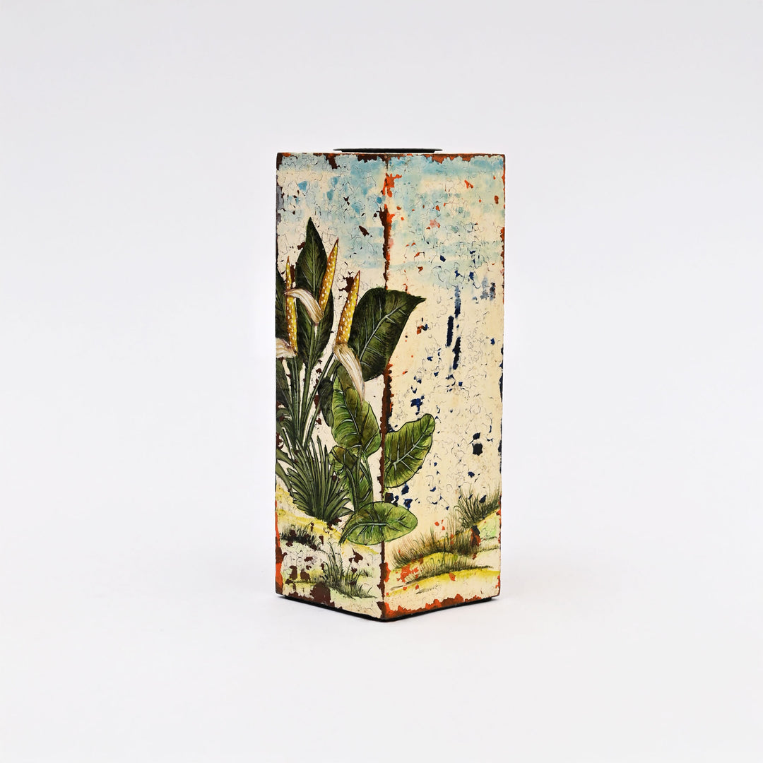Tropical Palm Wooden Candle Stand Set | Distressed Finish Foliage Design