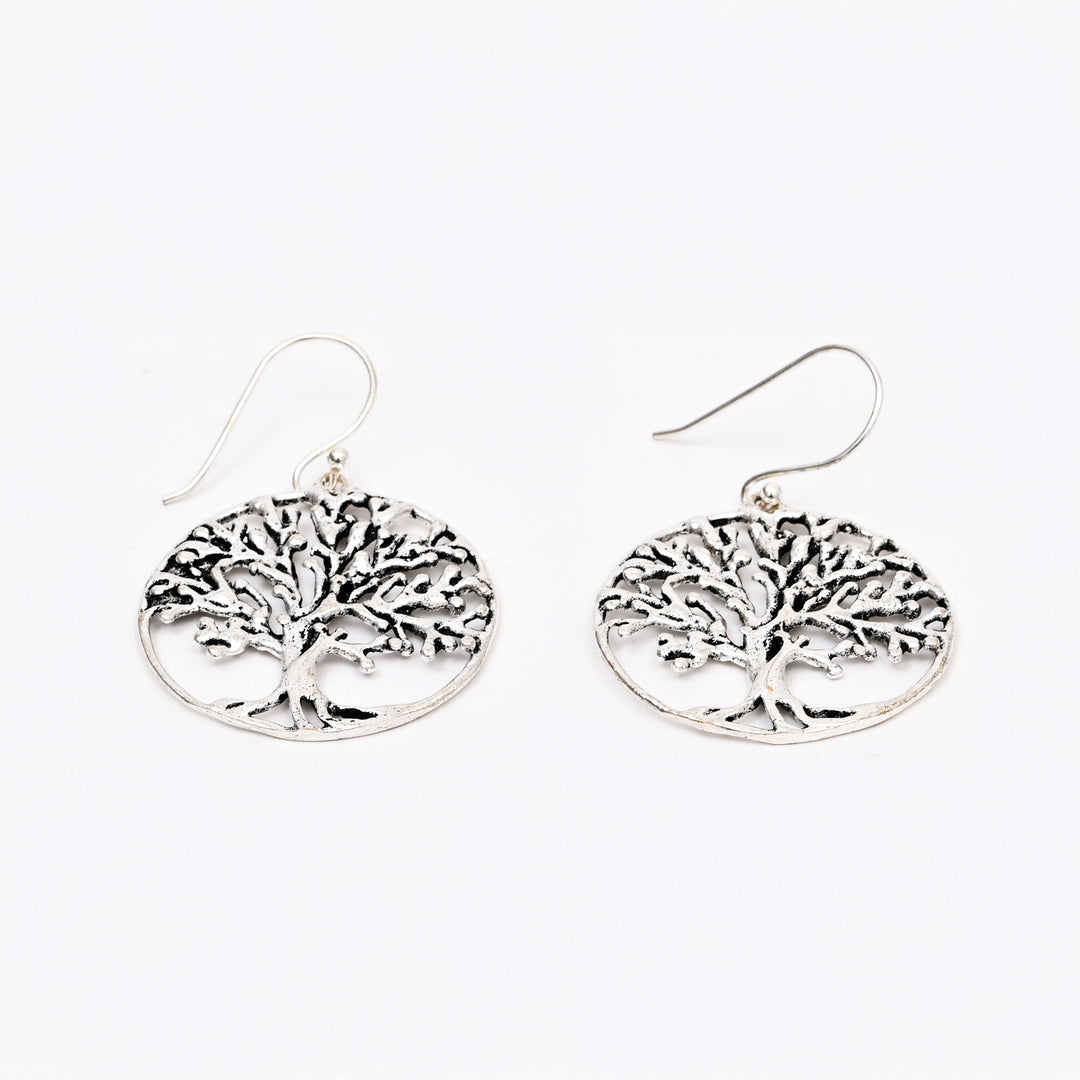 Silver-Plated Tree of Life Earrings | Handcrafted Brass Accessory