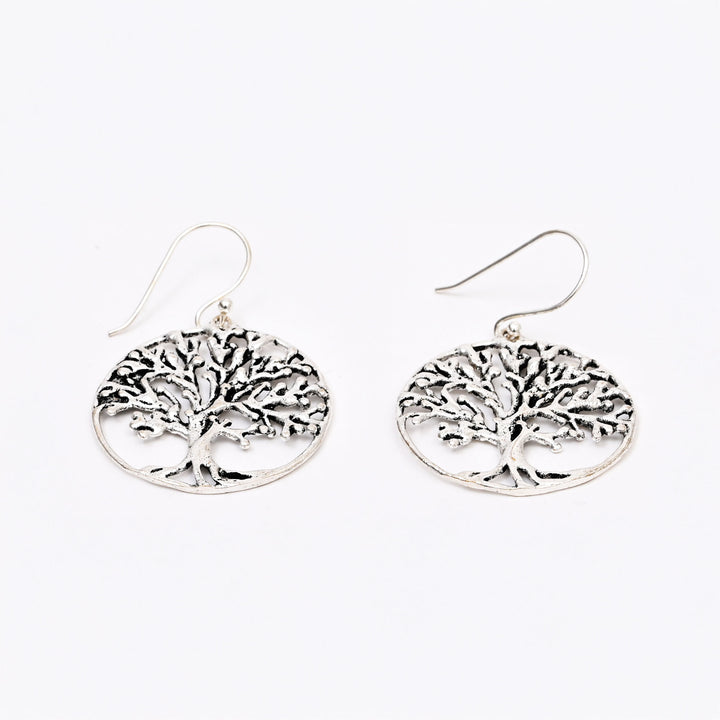 Silver-Plated Tree of Life Earrings | Handcrafted Brass Accessory