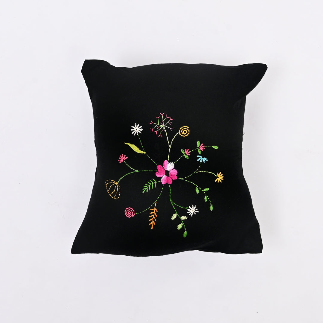 Black Cotton Pillow Cover with Multicolour Embroidery | Handcrafted Elegance for Modern Homes
