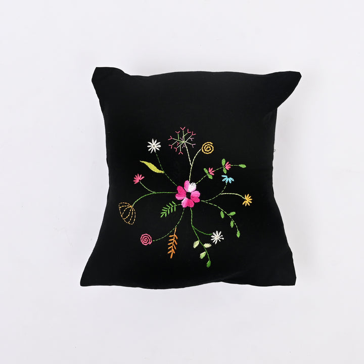 Black Cotton Pillow Cover with Multicolour Embroidery | Handcrafted Elegance for Modern Homes