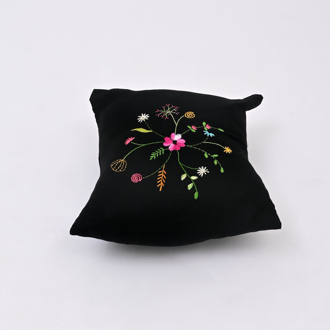 Black Cotton Pillow Cover with Multicolour Embroidery | Handcrafted Elegance for Modern Homes