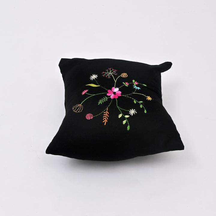 Black Cotton Pillow Cover with Multicolour Embroidery | Handcrafted Elegance for Modern Homes