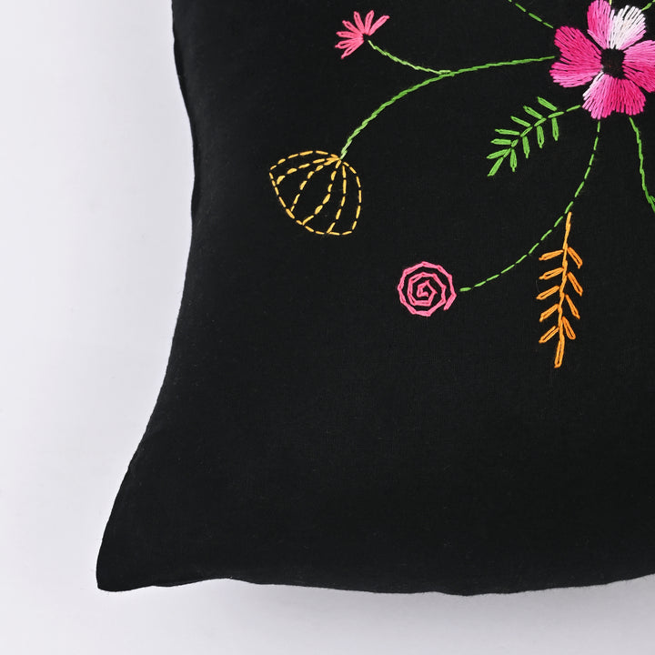 Black Cotton Pillow Cover with Multicolour Embroidery | Handcrafted Elegance for Modern Homes