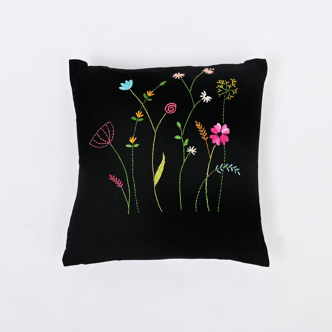 Black Cotton Pillow Cover with Multicolour Embroidery | Handcrafted Elegance for Modern Homes