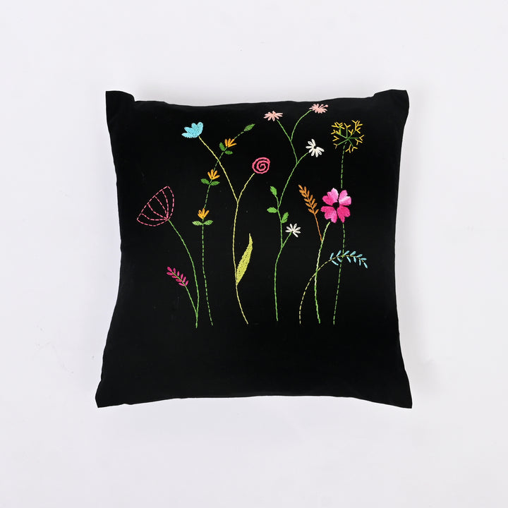 Black Cotton Pillow Cover with Multicolour Embroidery | Handcrafted Elegance for Modern Homes