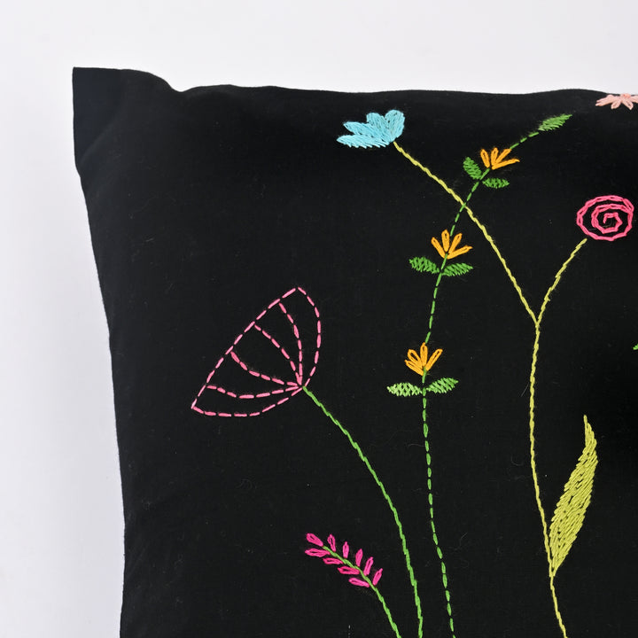Black Cotton Pillow Cover with Multicolour Embroidery | Handcrafted Elegance for Modern Homes