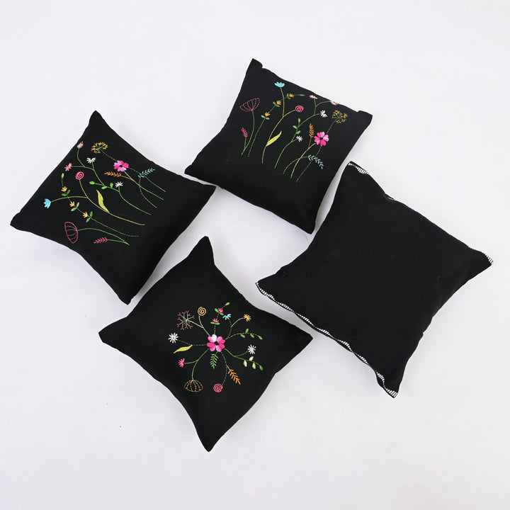 Black Cotton Pillow Cover with Multicolour Embroidery | Handcrafted Elegance for Modern Homes