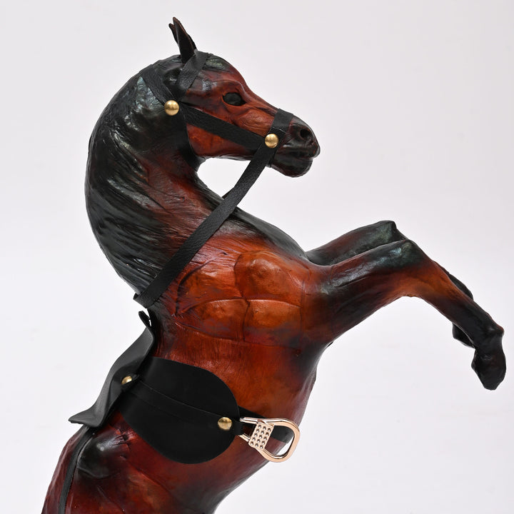 Handcrafted Leather Jumping Horse Sculpture | Equestrian Art for Rustic Decor