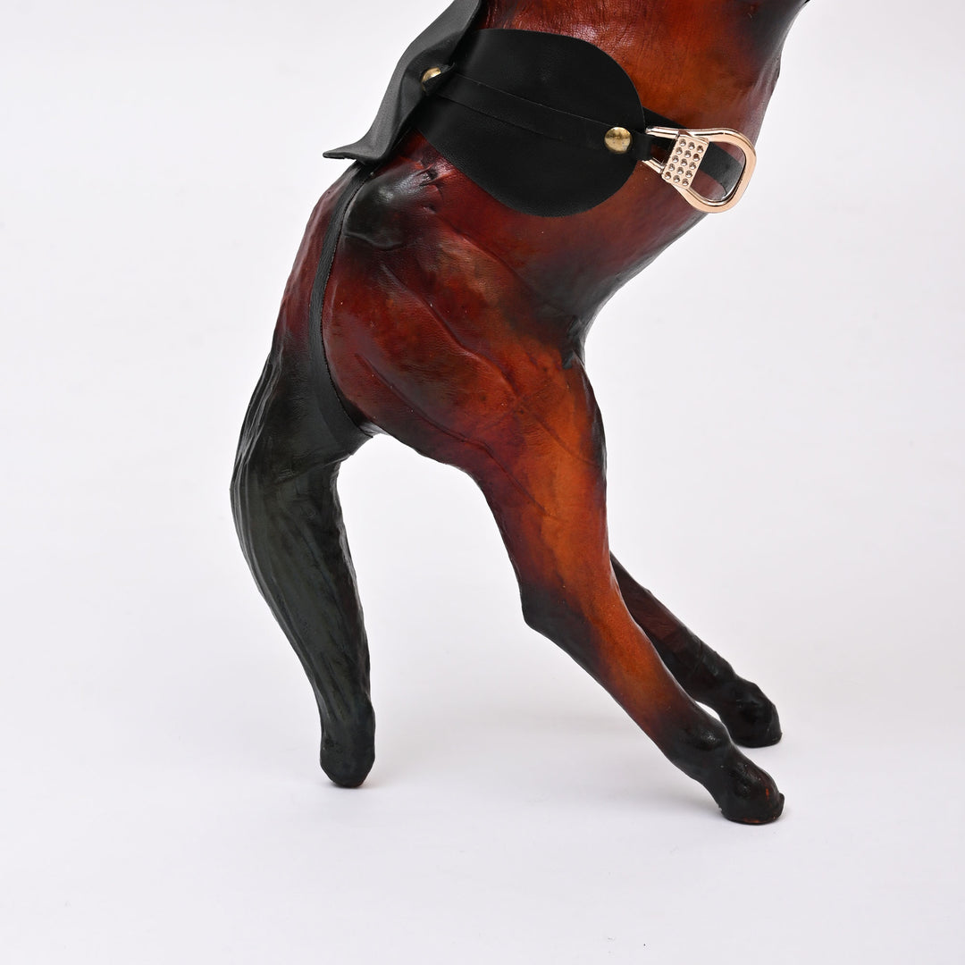 Handcrafted Leather Jumping Horse Sculpture | Equestrian Art for Rustic Decor