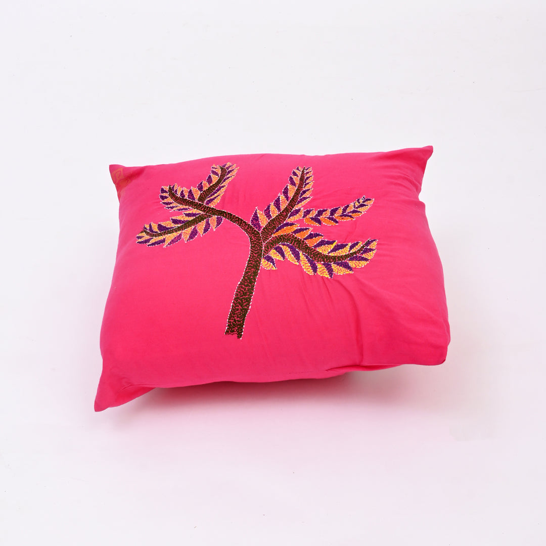 Pink Cotton Pillow Cover with Multicolour Embroidery | Handcrafted Elegance for Modern Homes