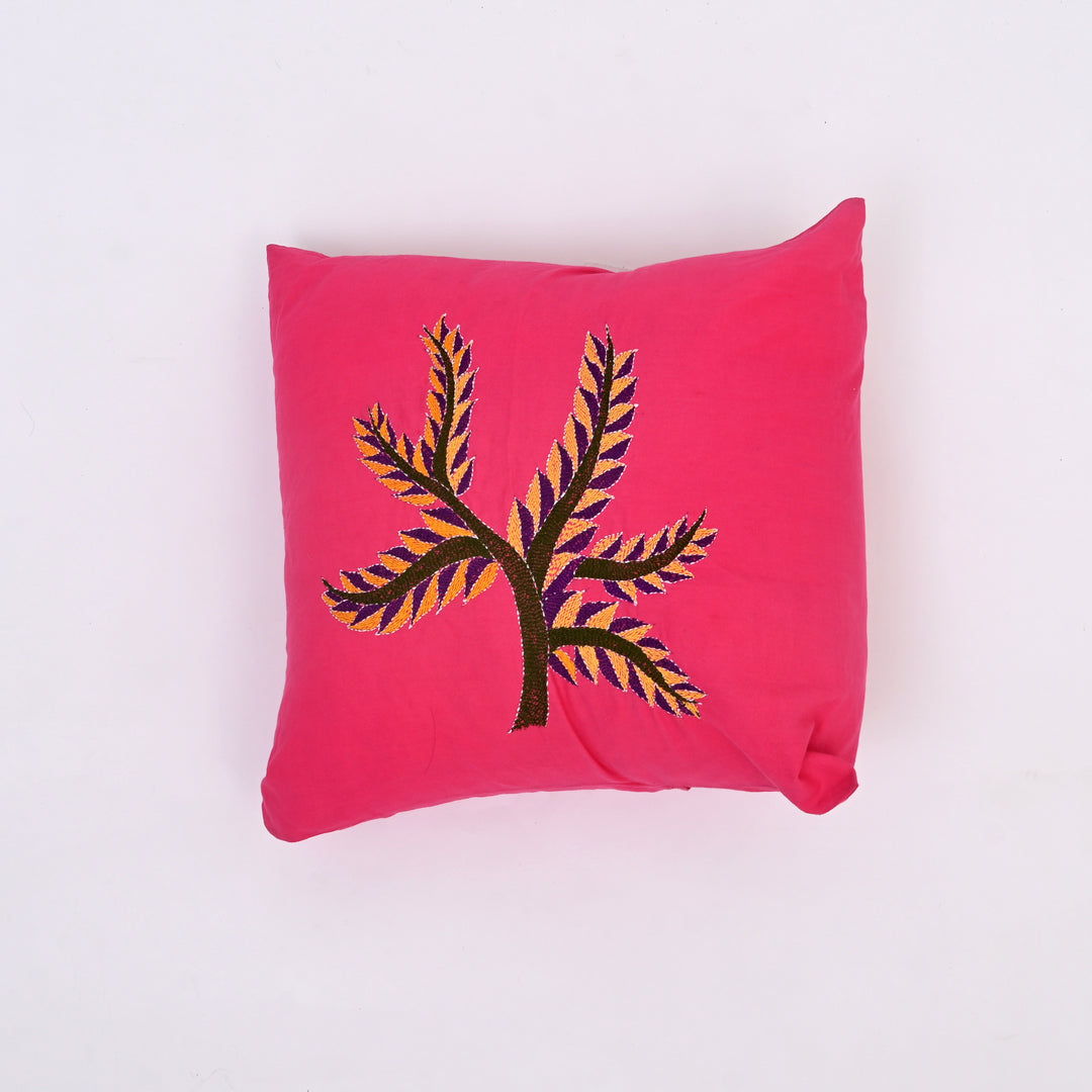 Pink Cotton Pillow Cover with Multicolour Embroidery | Handcrafted Elegance for Modern Homes