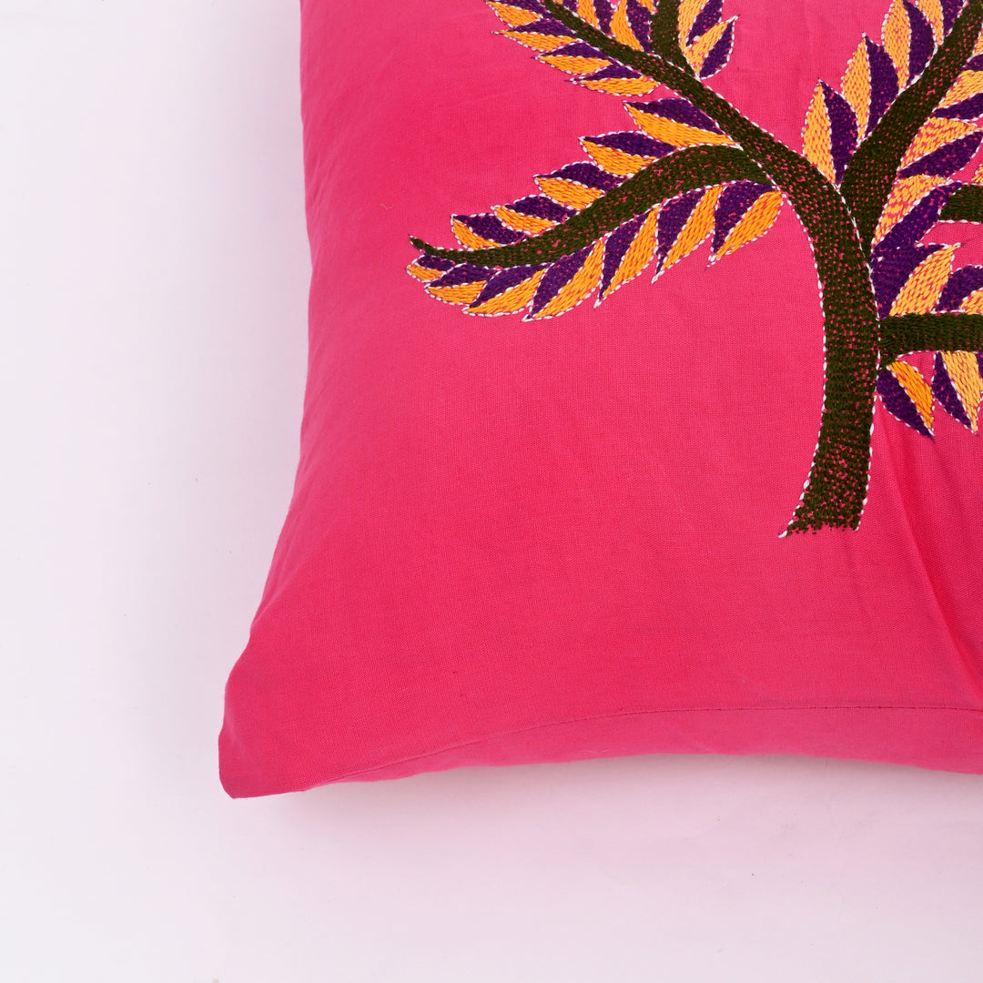 Pink Cotton Pillow Cover with Multicolour Embroidery | Handcrafted Elegance for Modern Homes