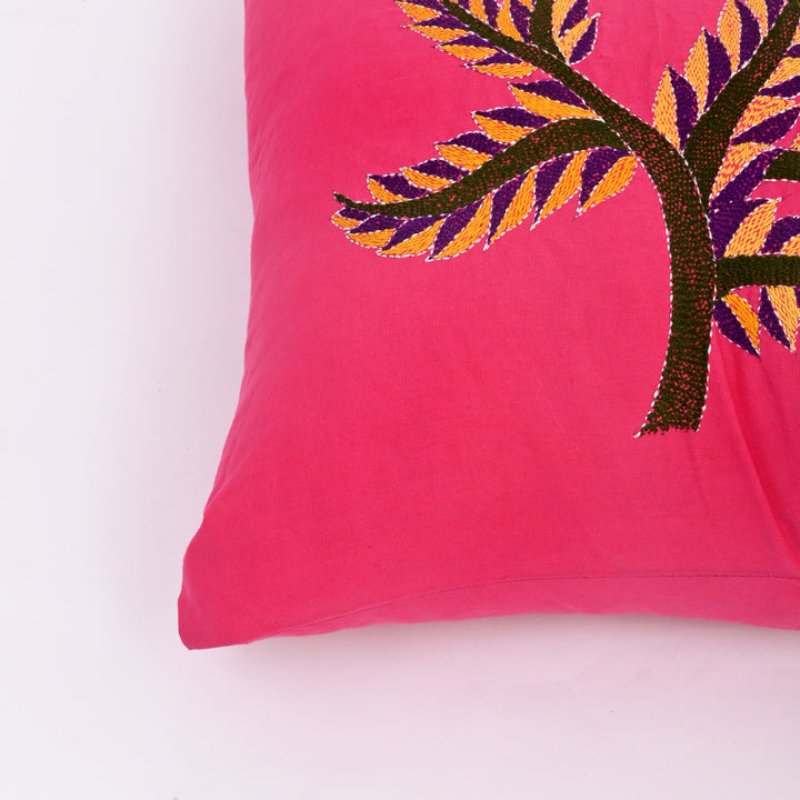 Pink Cotton Pillow Cover with Multicolour Embroidery | Handcrafted Elegance for Modern Homes