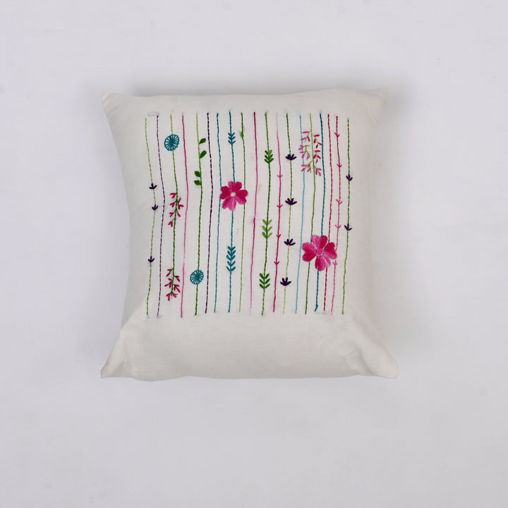 White Cotton Pillow Cover with Multicolour Embroidery | Handcrafted Elegance for Modern Homes