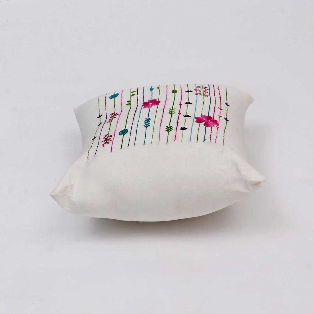 White Cotton Pillow Cover with Multicolour Embroidery | Handcrafted Elegance for Modern Homes