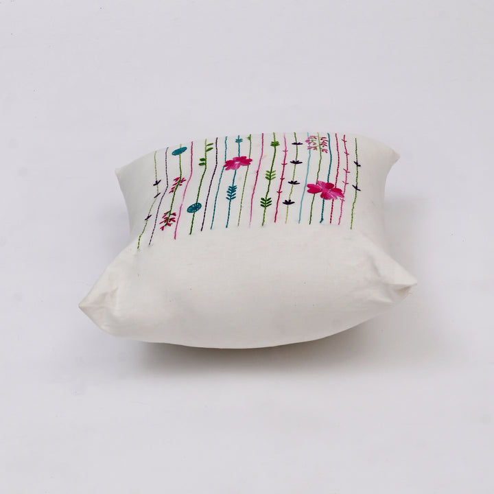 White Cotton Pillow Cover with Multicolour Embroidery | Handcrafted Elegance for Modern Homes