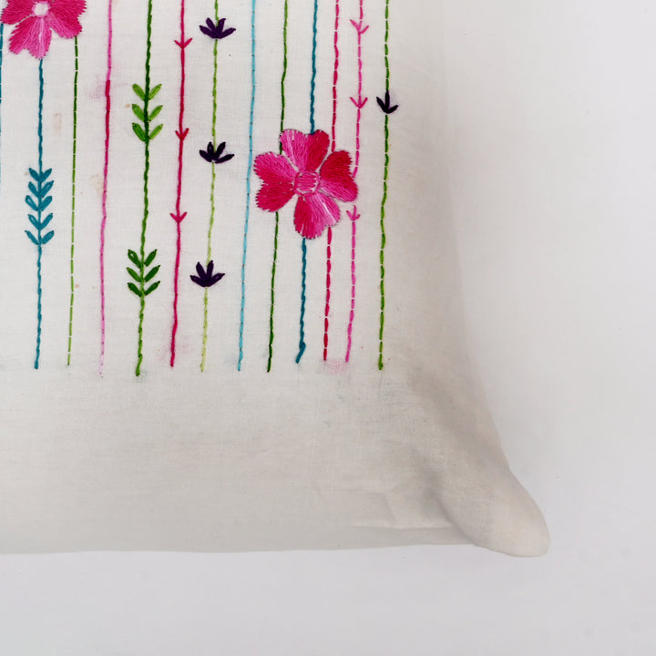 White Cotton Pillow Cover with Multicolour Embroidery | Handcrafted Elegance for Modern Homes