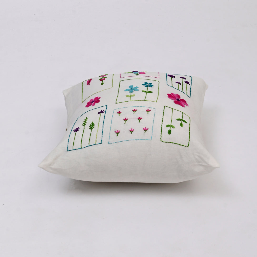 White Cotton Pillow Cover with Multicolour Embroidery | Handcrafted Elegance for Modern Homes